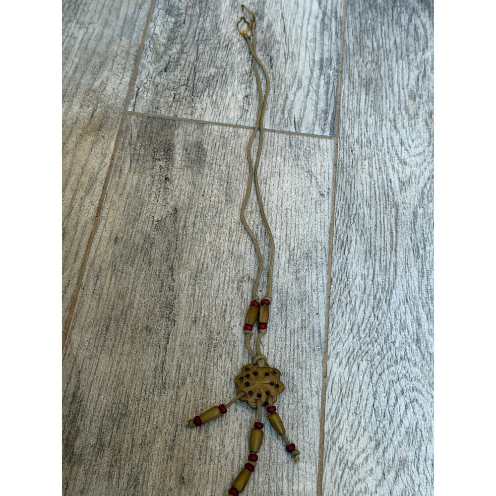 Beaded Cord Necklace Sunburst Carved Clay Flower Boho Artisan Hawaii Handmade